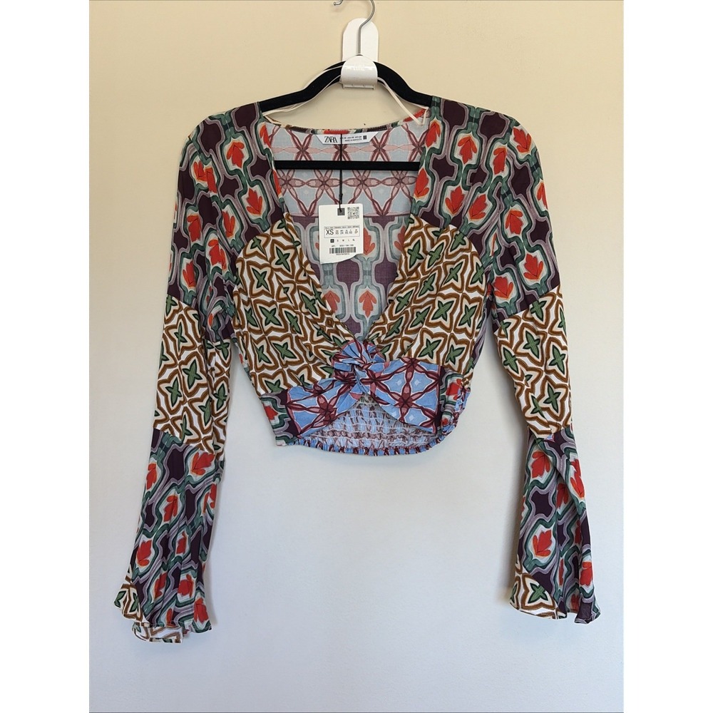 Zara Multicolor Plunge Neck Flare Sleeve Crop Top Blouse Boho Festival XS NEW